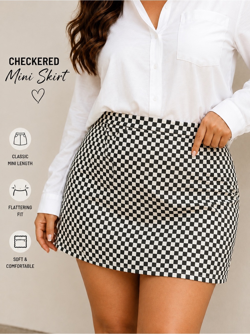 SHEIN Curve Classic Black & White Checkerboard Mini Skirt | 2XL | Like New